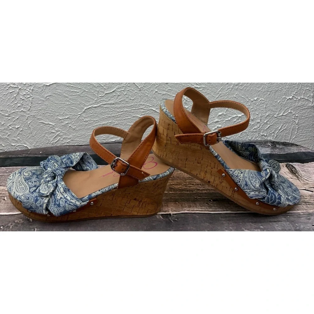 Jessica Simpson Fabiana Wedge Sandals Womens 4M Blue Paisley Bow Cork Platform